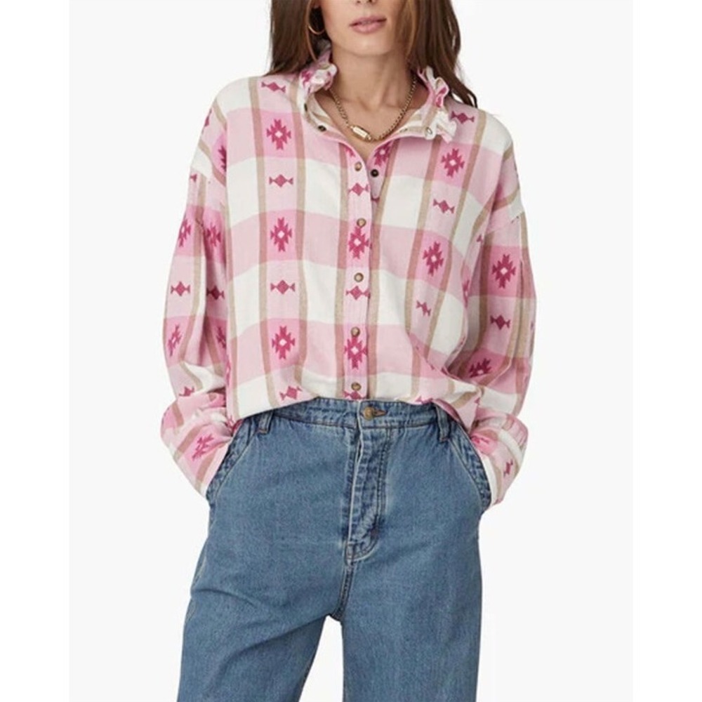 Xirena Jensen Flannel Shirt Pink Plaid Western Snap Button Oversized XS Womens
